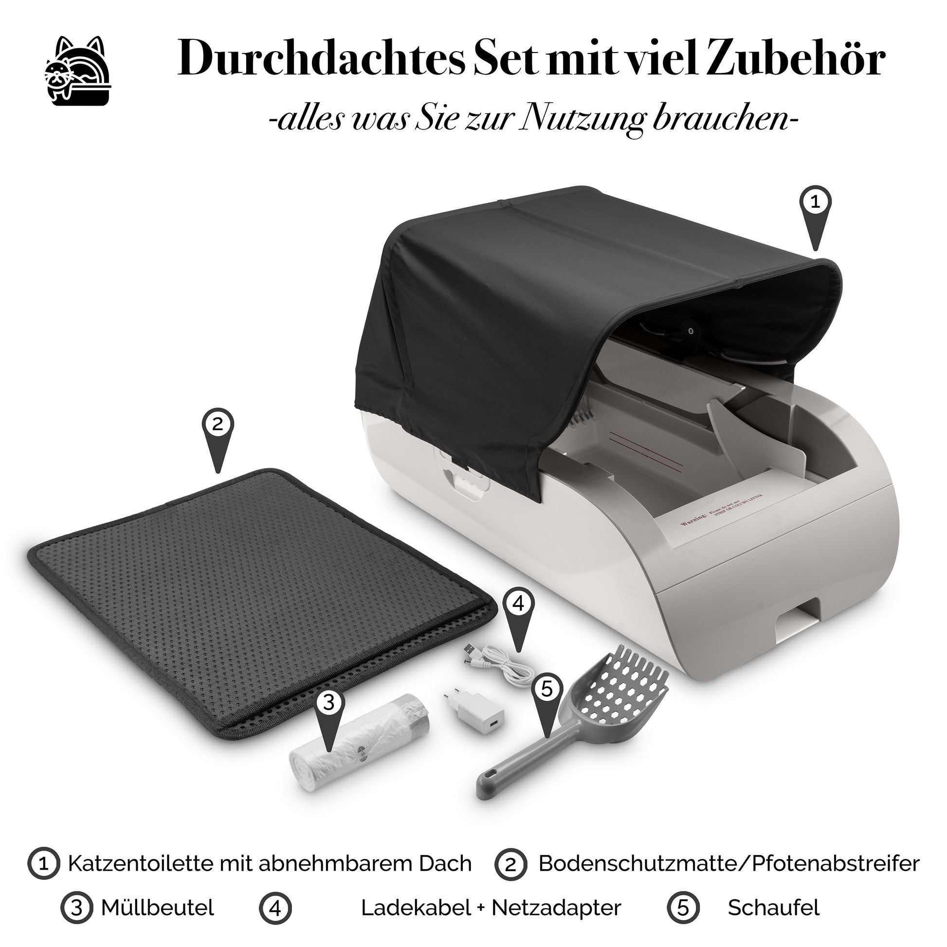 PETECH EvoScoop Selbstreinigendes Katzenklo in Grau mit Zubehör. Inklusive Schutzmatte, Müllbeutel, Ladekabel und praktischer Schaufel.