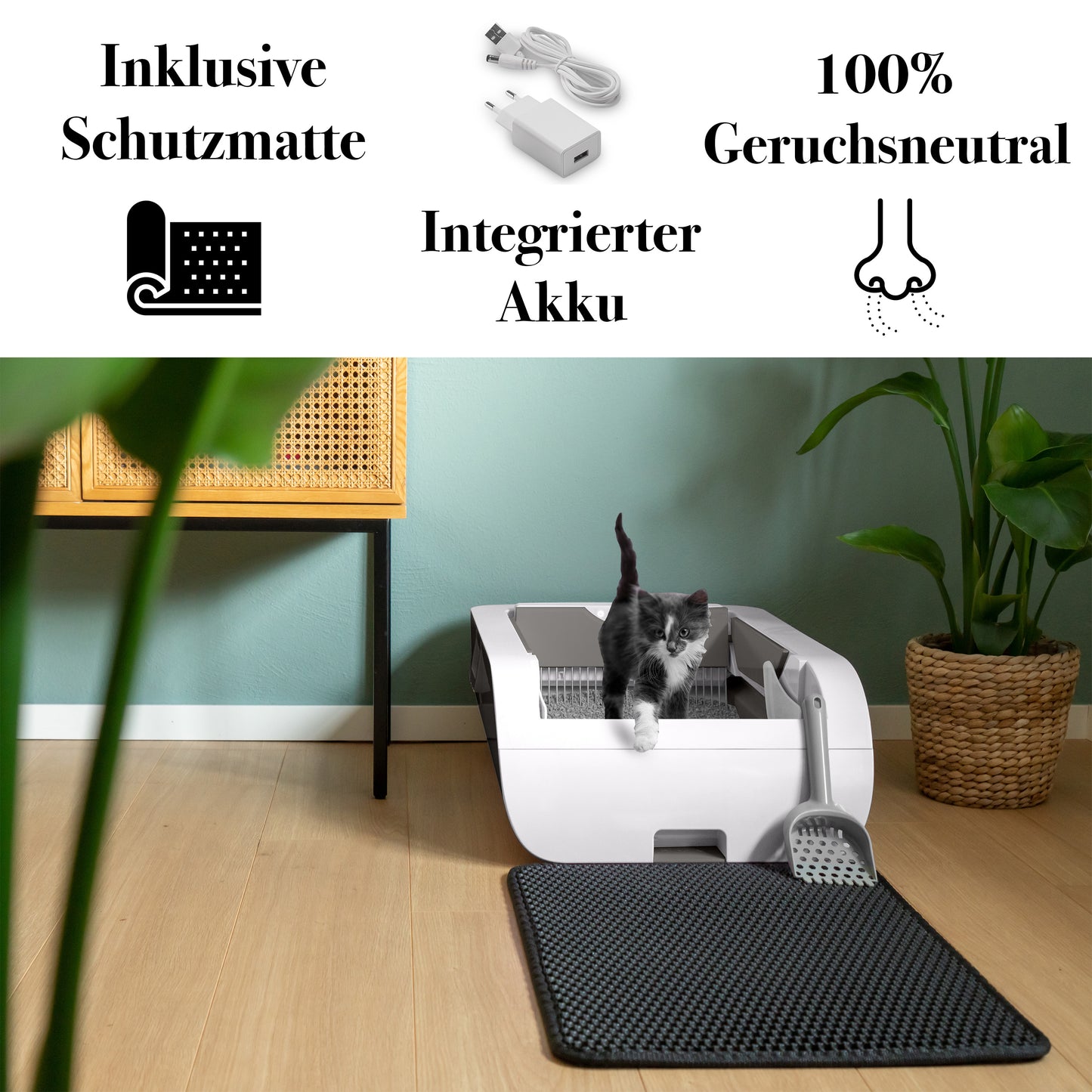 Selbstreinigendes Katzenklo PETECH EvoScoop in Weiß mit Katze. Inklusive Schutzmatte, integriertem Akku für Flexibilität und 100% geruchsneutraler Betrieb.