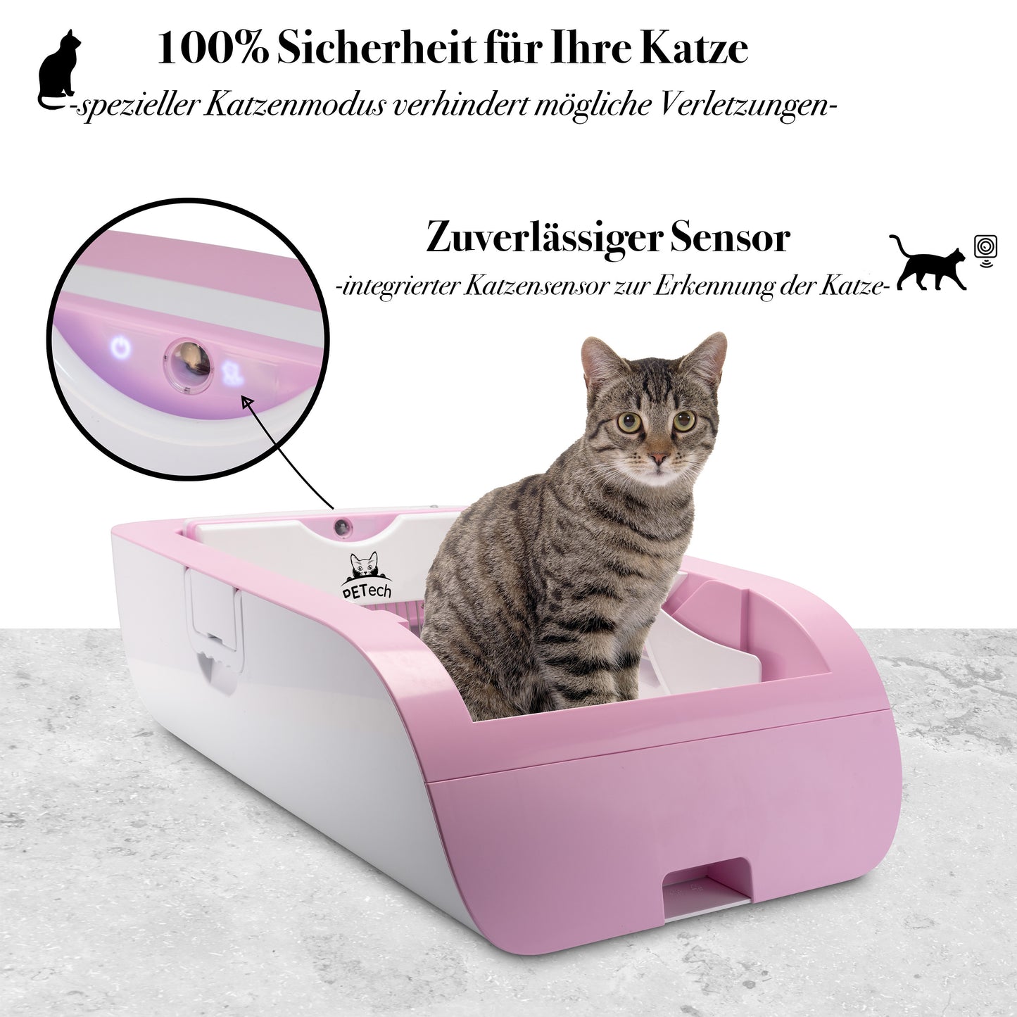 PETECH EvoScoop Selbstreinigendes Katzenklo in Pink mit Katzensensor für höchste Sicherheit. Der Sensor gewährleistet, dass die Reinigung nur startet, wenn das Katzenklo nicht benutzt wird.